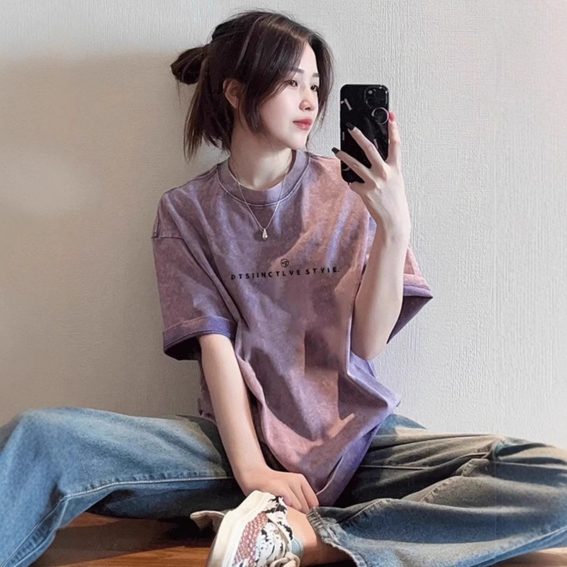 American Style Retro Washed Purple Heavy Cotton Short-sleeved T-shirt Women's Summer High Street Ins Niche Design Sense Top Trendy