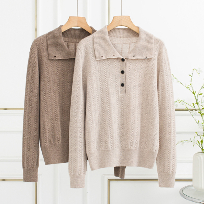 Half-open collar buttoned 100% pure cashmere sweater, cable-knit base sweater, sweet style, loose and versatile cashmere sweater for women Half-open collar buttoned 100% pure cashmere sweater, cable-knit base sweater, sweet style, loose and versatile cashmere sweater for women