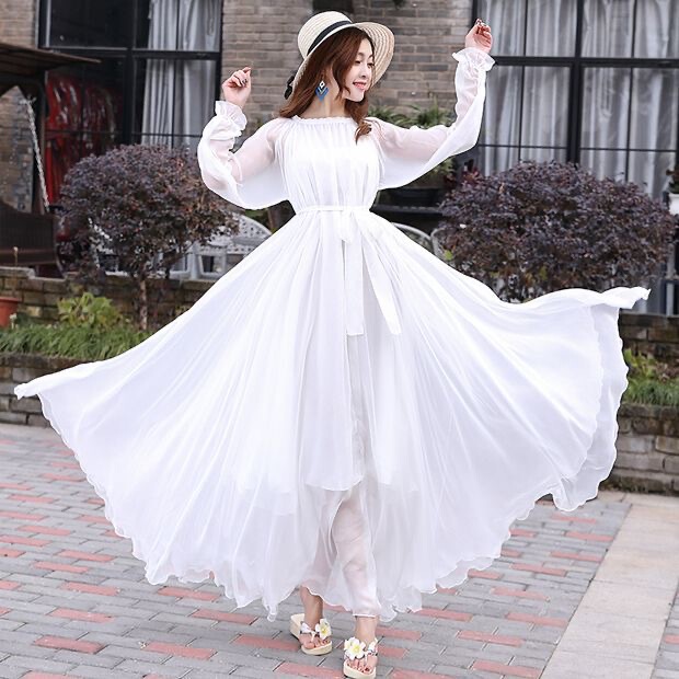 Beach Skirt Chiffon Extra Long Fairy Long Skirt with Large Hem Spring and Summer New Skirt Long Sleeves Loose Lace-Up Large Size Dress