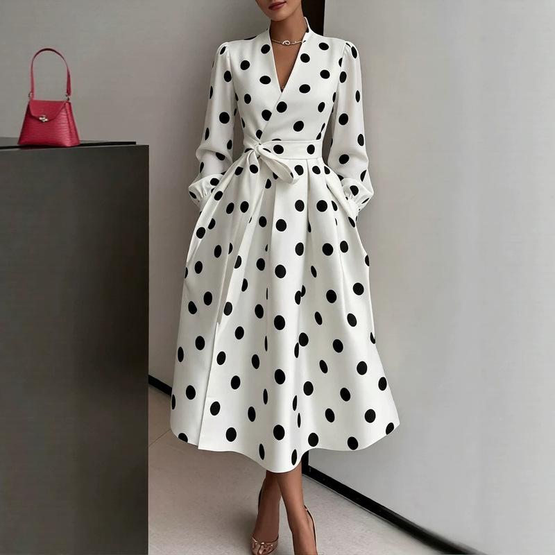 European and American Cross-Border 2026 Autumn and Winter New Women's Polka Dot Dress Hepburn Style Retro Dress Evening Gown with Large Hem European and American Cross-Border 2026 Autumn and Winter New Women's Polka Dot Dress Hepburn Style Retro Dress Evening Gown with Large Hem