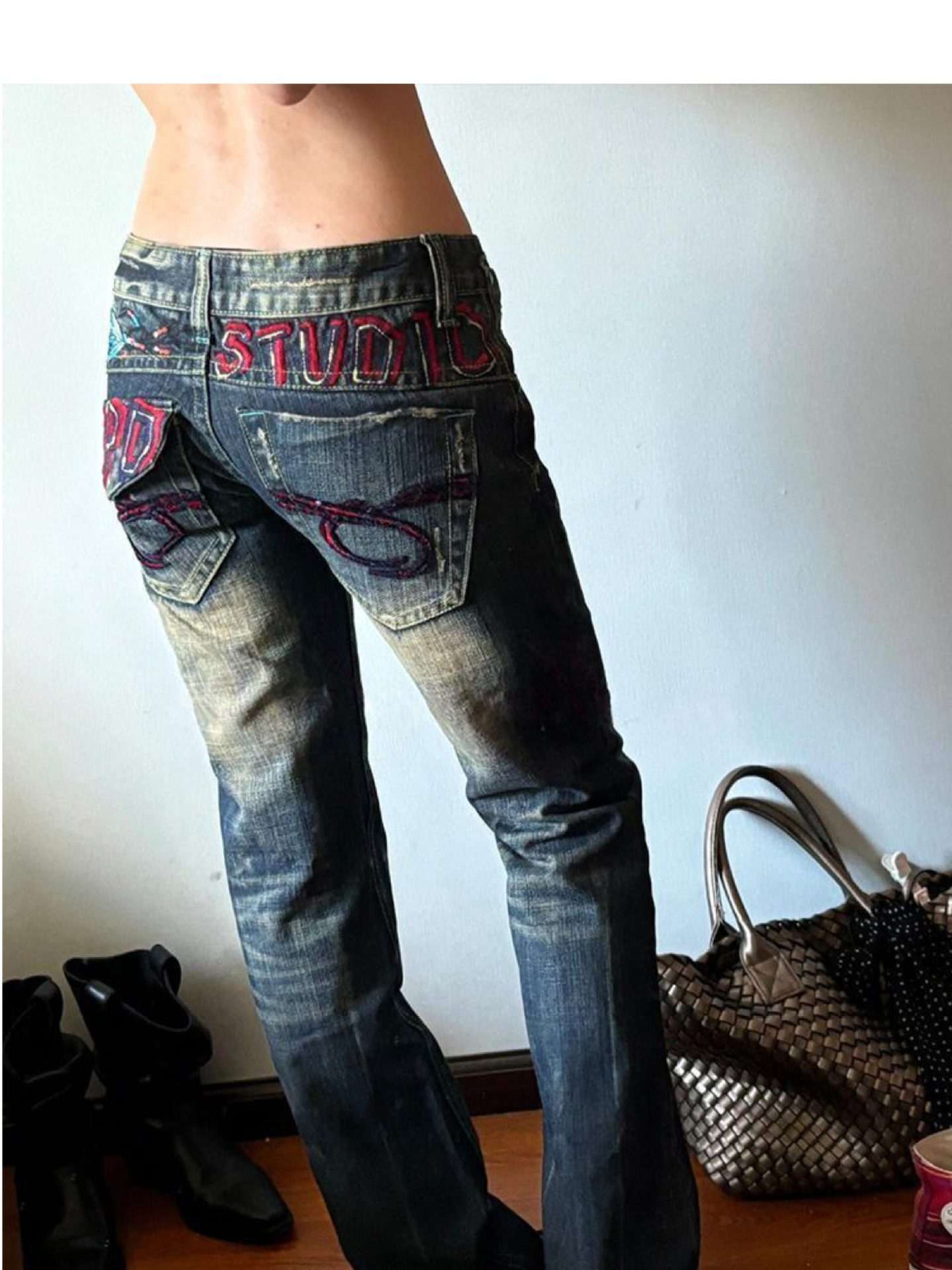 ​​Vintage Low-Rise Distressed Jeans For Women - Y2k Style With Heavy Embroidery, Baggy & Long Straight Leg Denim Pants​​_ecoleips.com