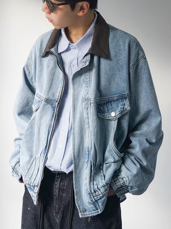 美式复古翻领拼接牛仔外套男装秋季新款潮牌宽松休闲街头工装夹克|undefined