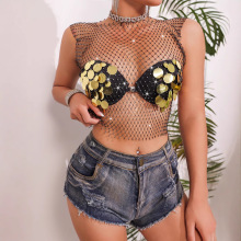 时尚欧美跨境渔网钻石亮片派对夜店镂空辣妹透视小背心上衣女装