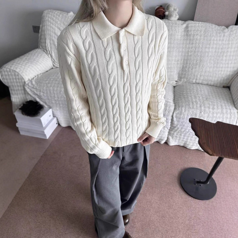 Crew Neck Polo Long-Sleeve T-Shirt for Men, Boxy Short Wide Fit, Old Money New Rich Style, Fitted Regular Shoulder Autumn and Winter Knitwear