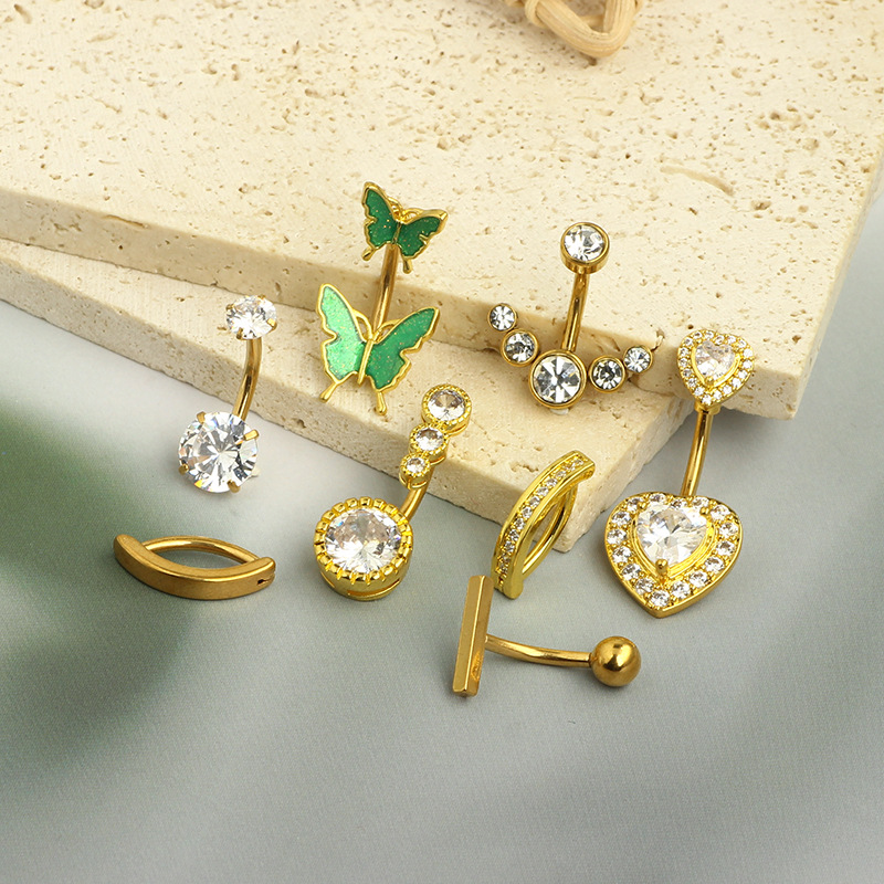 8-Piece Rose Gold CZ Navel Ring Set Stainless Steel Body Piercing Jewelry Navel Belly Button Rings detail image 10
