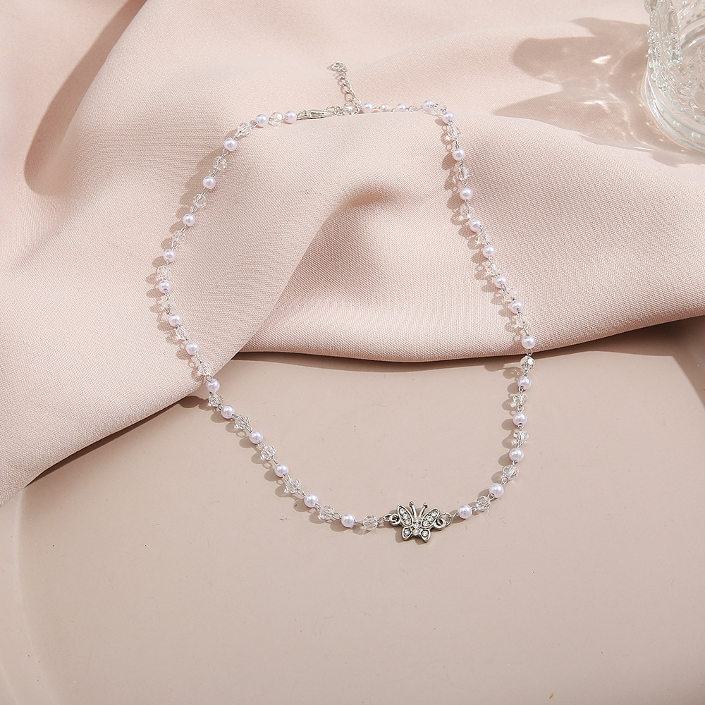 Fashion Butterfly Alloy Beaded Pearl Inlay Rhinestones Womenu0027S Necklace 1 Piece