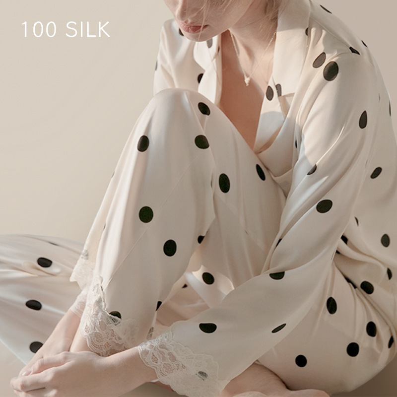 Polka Dot Silk Pajamas Summer 100% Mulberry Silk Women's Long-Sleeved Pants Set with Lace Splicing Cute Home Wear
