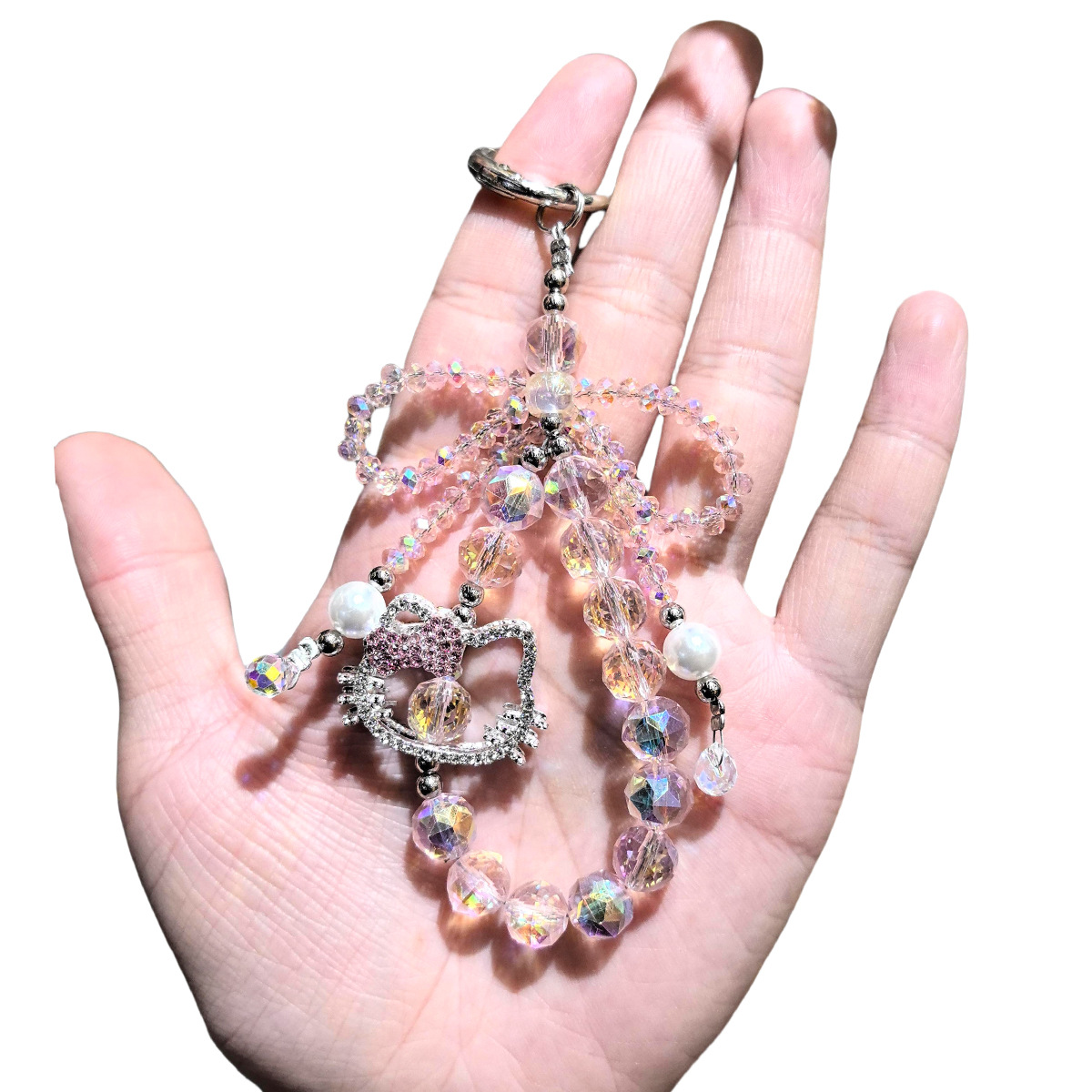 European and American Style Light Luxury Rhinestone-Embellished Kt Cartoon Cat Pendant Butterfly Crystal Beaded Phone Strap High-End Keychain