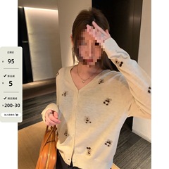 韓国版超細い綿毛熊ラテジャカードニットカーディガン女性の春のデザイン感があります。