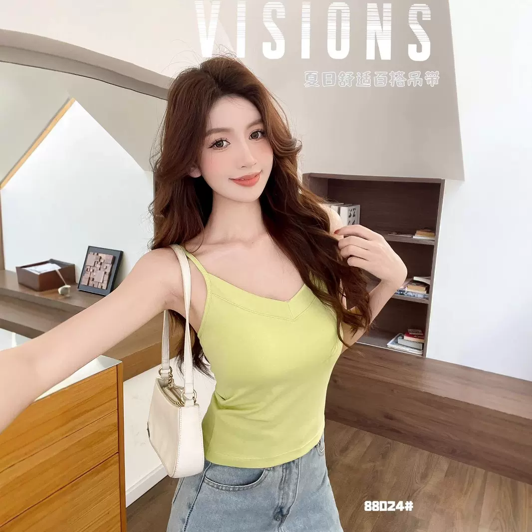 夏季薄款休闲吊带女2025新款  V 领纯色修身内搭外穿自带胸垫背心