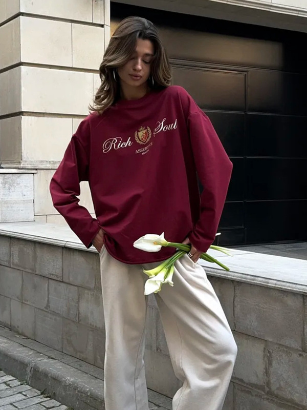 春秋のアメリカの街頭の個性的なデザイン感の雰囲気のプリント100% 純綿の長袖のtシャツの洋風の上着のins風|undefined