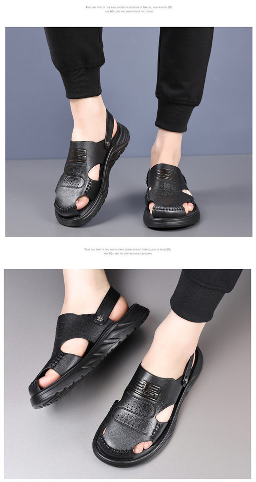 Dép sandal nam bít mũi da bò lớp đầu đế dày thoáng khí gót 3 cm — Màu nâu, Màu đen chi tiết 23