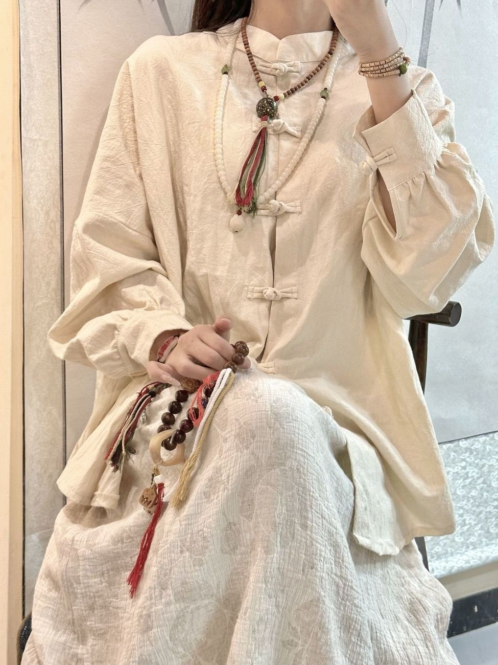 新中式穿搭清冷感棉麻盘扣衬衣女外套长袖上衣禅意茶服中国风汉服