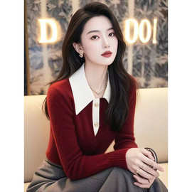 法式复古红色针织衫上衣女秋冬季新款时尚百搭洋气减龄长袖打底衫