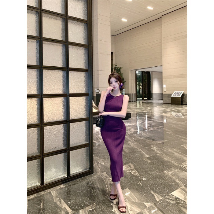 紫色无袖背心连衣裙女夏季鱼尾裙开叉收腰裙子轻熟风修身包臀长裙|undefined