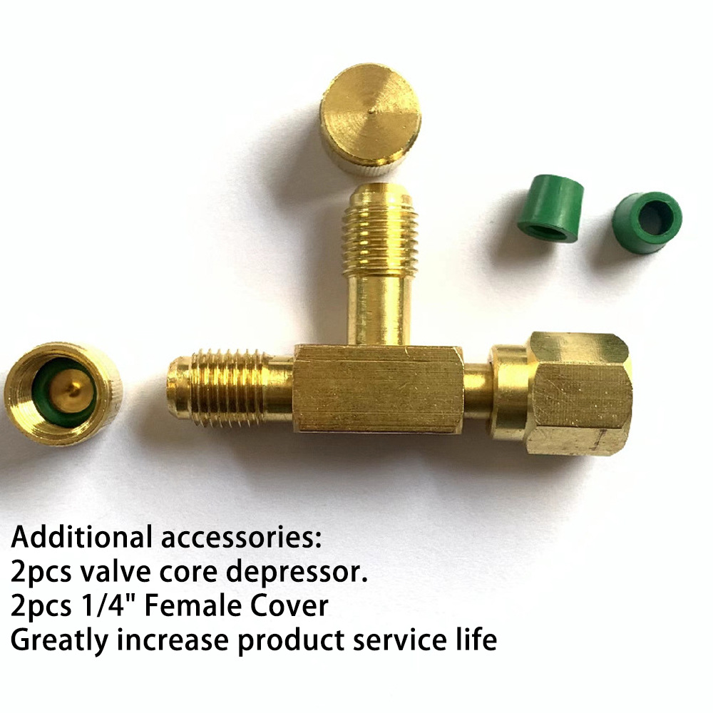 A Set of 1/4" Sae Valve Core Tee Adapter Air Conditioning Refrigeration Equipment Liquid Filler with Sealing Cap