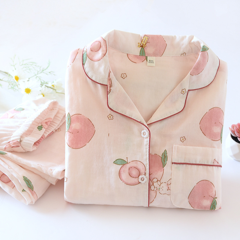 Spring and Summer New Gauze Pajamas for Women, Thin Long-Sleeved Cardigan, Cute Cartoon Home Clothes Set, Comfortable and Breathable