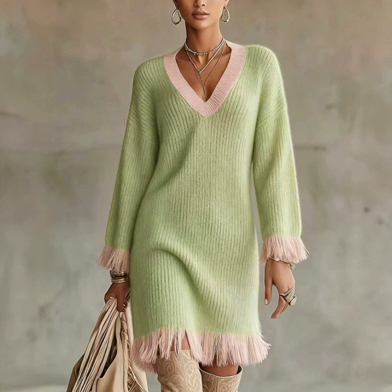 Cross-border European and American Amazon autumn and winter color-blocked V-neck tassel knit sweater dress with tassel details on the cuffs and hem, mid-length style Cross-border European and American Amazon autumn and winter color-blocked V-neck tassel knit sweater dress with tassel details on the cuffs and hem, mid-length style