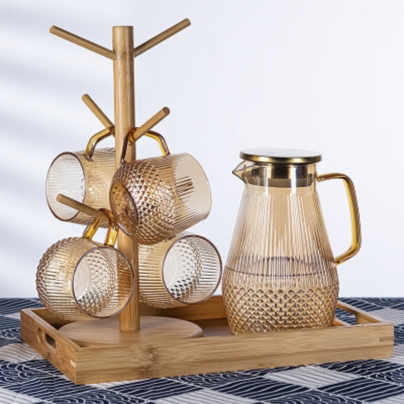 Champagne banxia isla botella de agua fría + 6 Champagne banxia isla tazas de agua + marco de madera + bandeja de madera