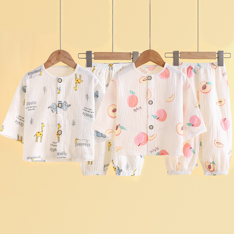 (2개) 여름 옷, 이중 면 거즈 잠옷, 긴팔 바지, 에어컨 의류, 가디건, 소년 소녀, 아동용 얇은 발포면