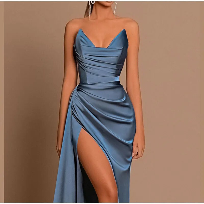 Cross-border Aliexpress New Women's Off-shoulder High Slit Long Skirt Floor-length Mermaid Long Dress Banquet Pure Color Robe Cross-border Aliexpress New Women's Off-shoulder High Slit Long Skirt Floor-length Mermaid Long Dress Banquet Pure Color Robe