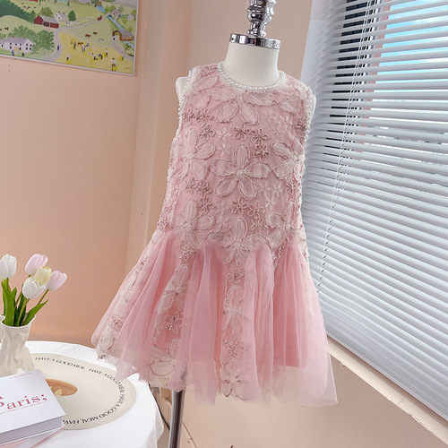 New Girls' Summer Floral Fish-Tail Dress with Pearly Net Top for Children - Birthday Party Gown