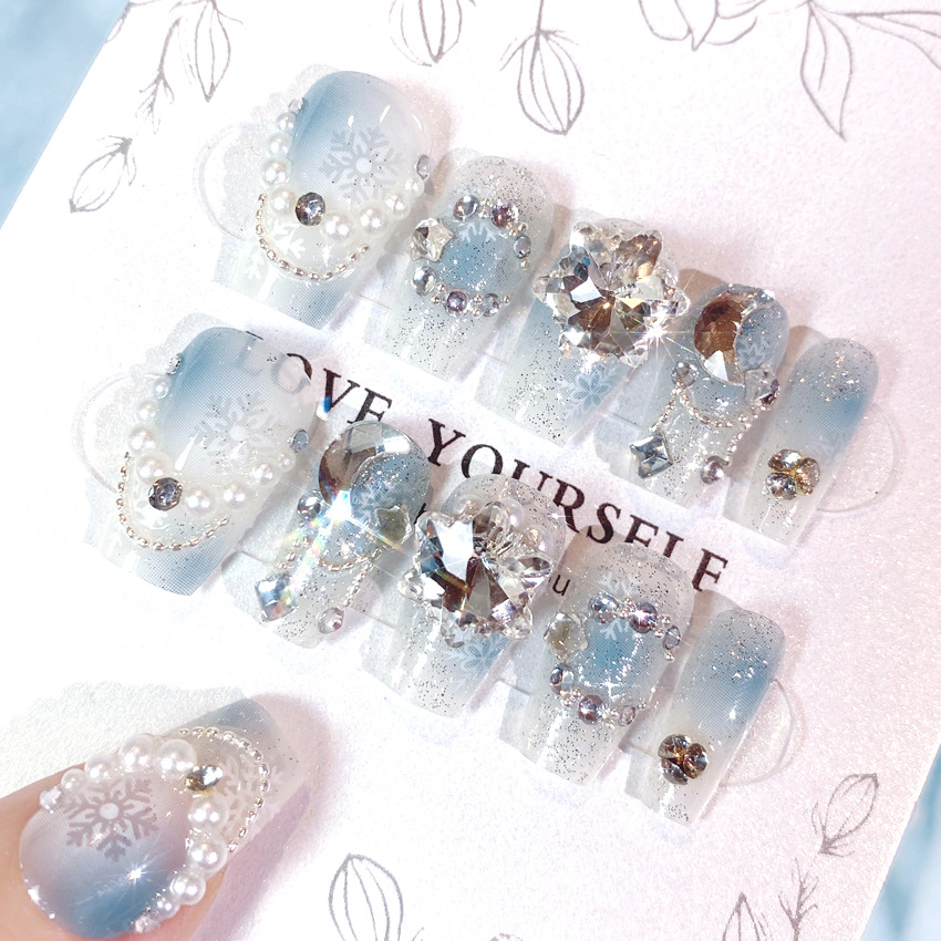 圣诞新年雪花钻闪钻美甲贴片指甲贴片可拆卸甲片穿戴美甲成品U16