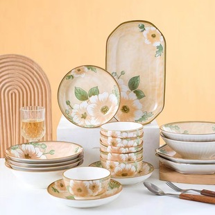 Japanese Camellia Yamada Bowls and Plates Tableware Popular Household Retro Style 4.5-Inch Rice Bowl Salad Bowl Instant Noodle Bowl