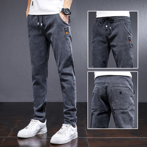 Work pants men's jeans autumn winter lined thick slim fit gray long pants versatile fashion brand labor protective workwear