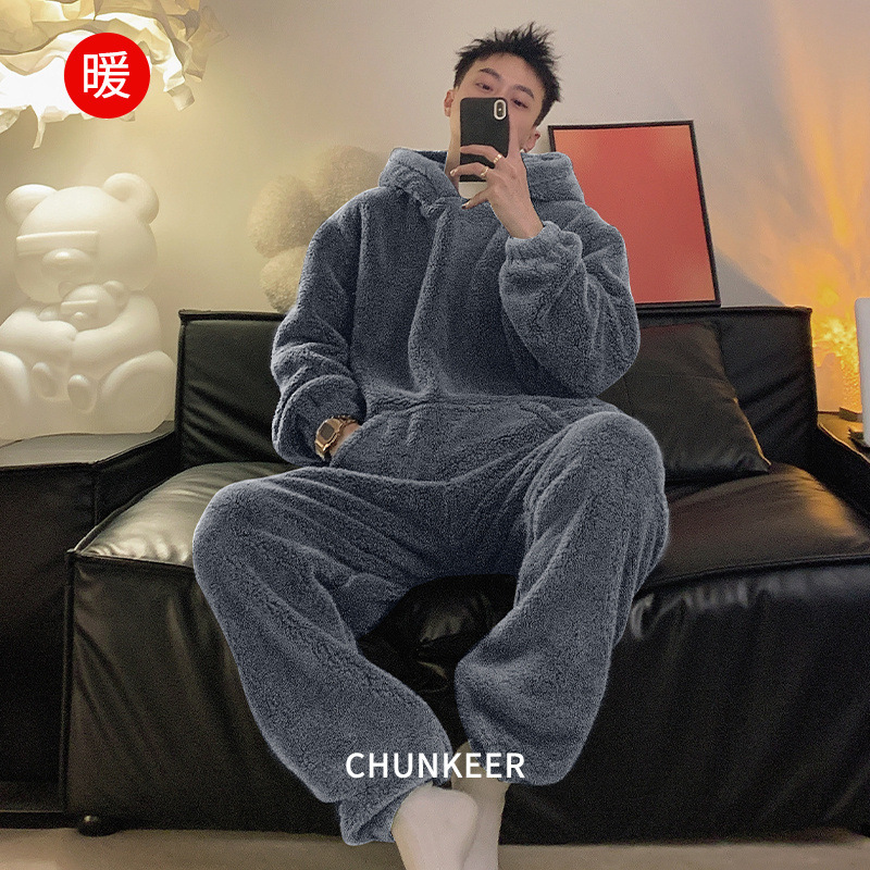 Thickened Velvet Pajamas Men's Autumn and Winter Pullover Hooded Flannel Can Be Worn Outside Casual Home Clothes Coral Velvet Suit