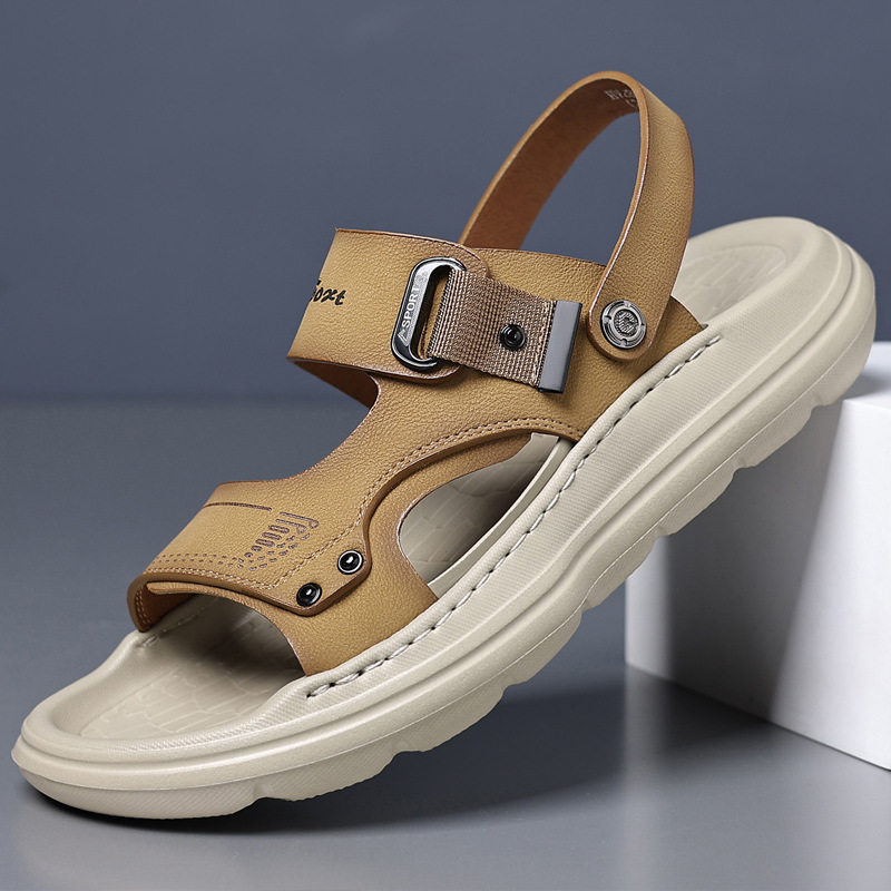 Dép sandal nam da thật đế xốp nhẹ thủ công, gót 3,5 cm, thoáng khí chống trượt — màu vàng