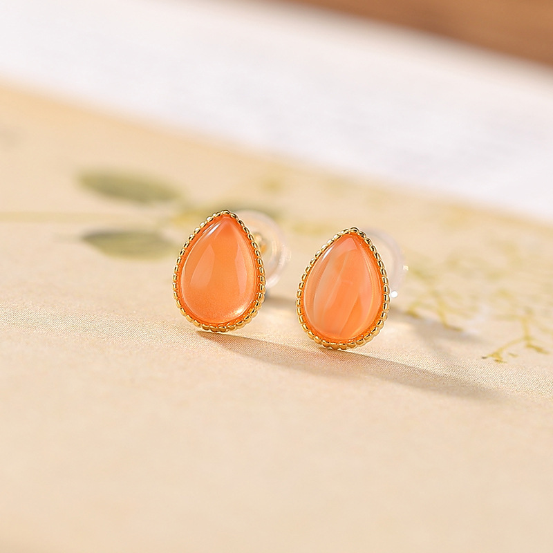 Bông tai stud bạc S925 mạ vàng đính đá mã não nước hồng — Cặp đôi