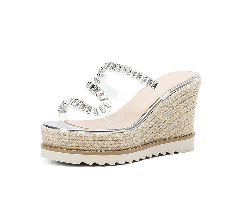 Sandal cao gót nữ hở mũi đế xuồng đính đá pha lê — bạc chi tiết 12