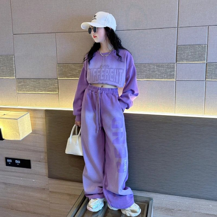 ネットの赤い女の子の韓国版のスーツの中で大きい子供の春秋の新型の洋気のアルファベットのガードルのファッション的なズボンのグラデーションの2つのセット|undefined