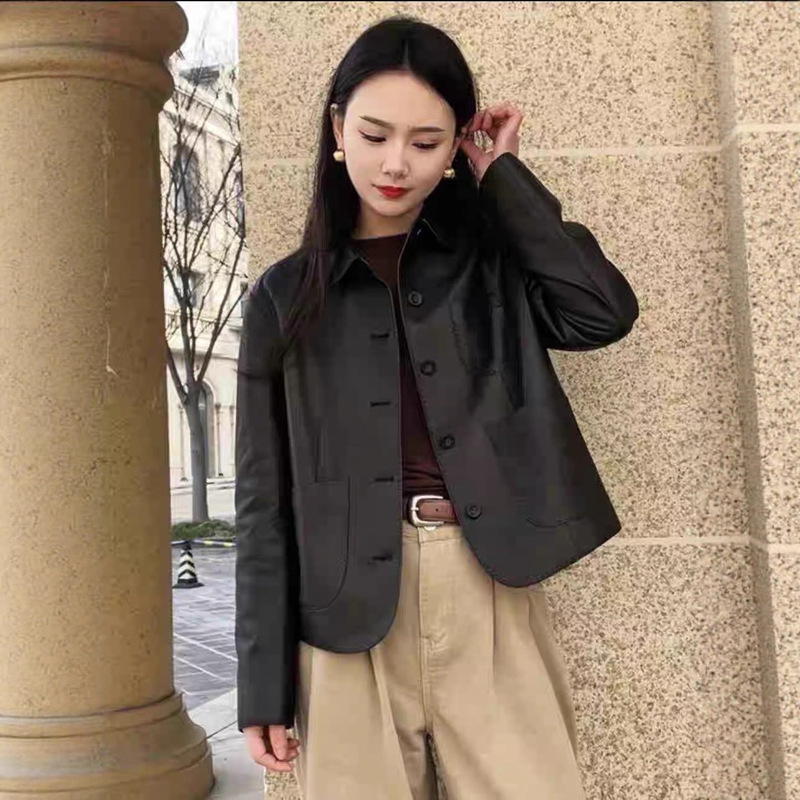 Haining Autumn Sheepskin Soft and Delicate Genuine Leather Jacket Women's Square Collar Slimming Spring and Autumn Versatile Temperament Casual Jacket