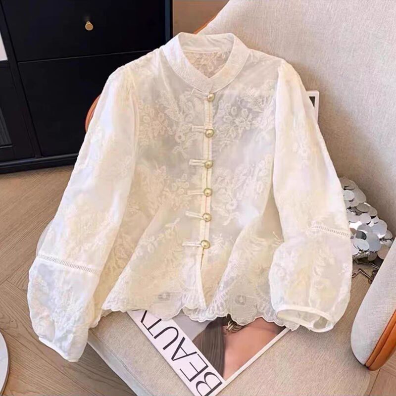 National Style New Chinese-Style Lace Heavy Embroidery Gold Button Shirt for Women 2026 Spring/Summer New Fashionable Trendy Blouse