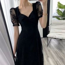 夏季新款蕾丝黑色连衣裙法式复古赫本风收腰显瘦气质长裙