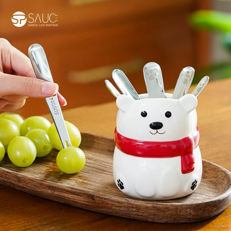 304 набор вилок для фруктов, десертная кондитерская ложка для послеобеденного чая, вечерние обеденные ложки для фруктов, керамическая банка с медведем