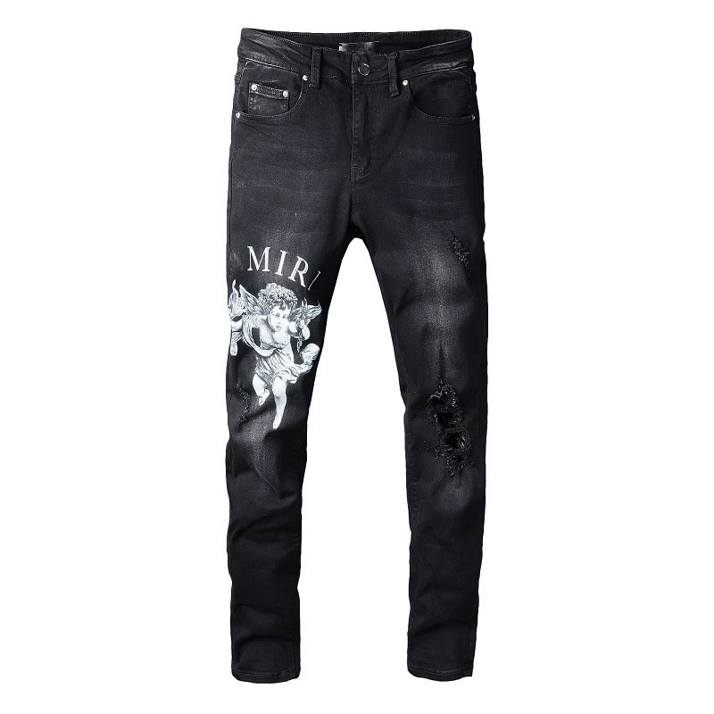 Trendamiri 817i street letter Angel pattern denim micro -bomb cotton black tight jeans on behalf of