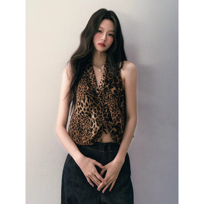 Jomi Studio Hot Leopard Print V-Neck Halter Top for Women Spring and Summer Asymmetrical Knot Design Backless Top