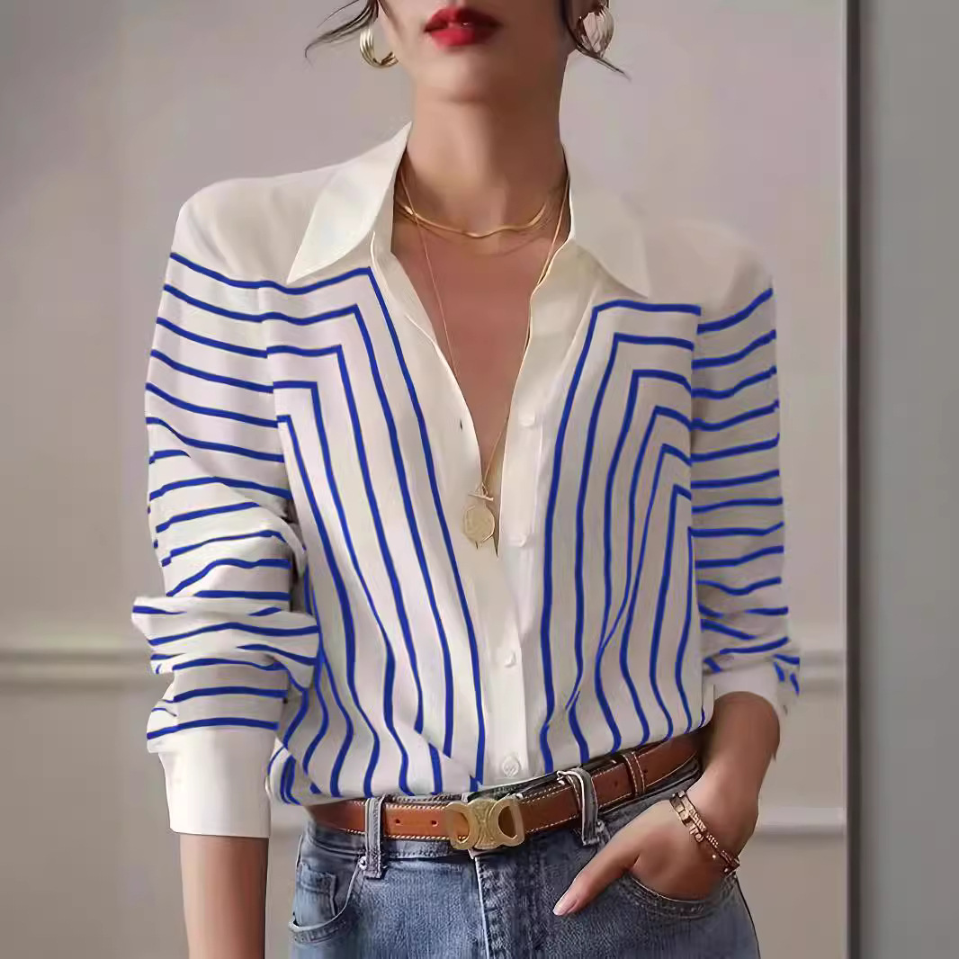 2024清纯优雅欧美风白色条纹百搭印花衬衫