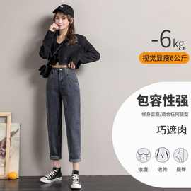 加绒牛仔裤女哈伦春秋季2026年直筒宽松显瘦百搭弹力老爹裤女秋款