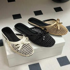 镂空女鞋包头半拖鞋女一脚蹬编织平底凉拖羊皮蝴蝶结渔网懒人拖鞋