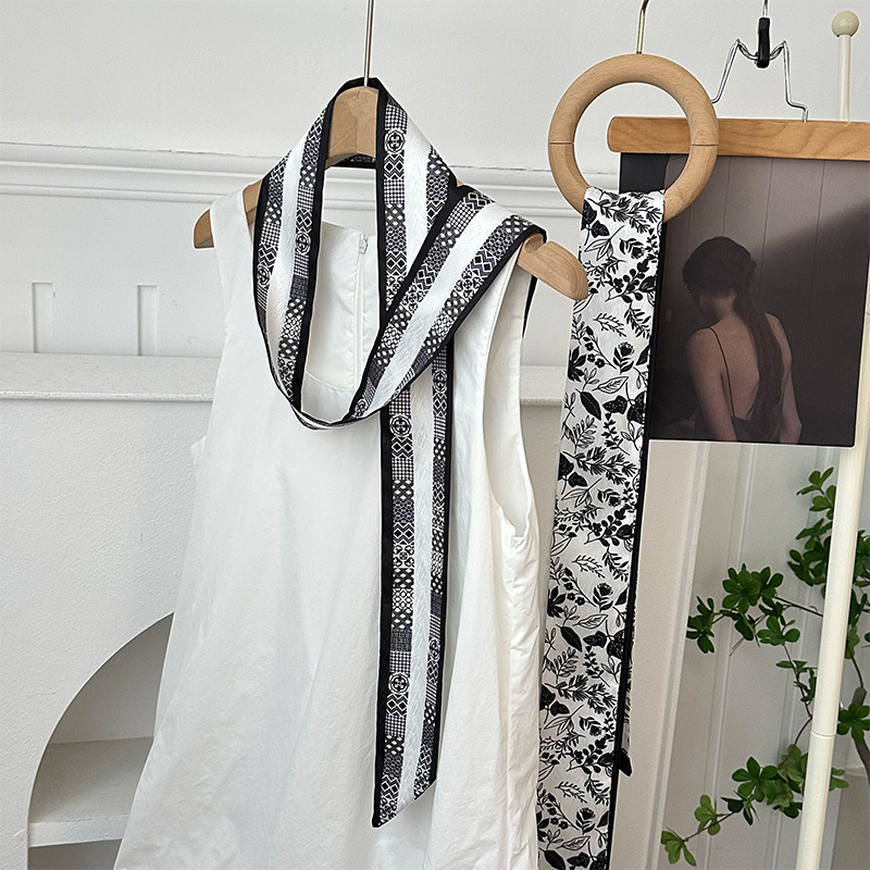 Pañuelo de seda, banda larga, sensación de alta calidad, bufanda pequeña decorativa, bolsa de toalla de seda, envuelta, pañuelo floral, cinta para el cabello, serpentín para el cabello