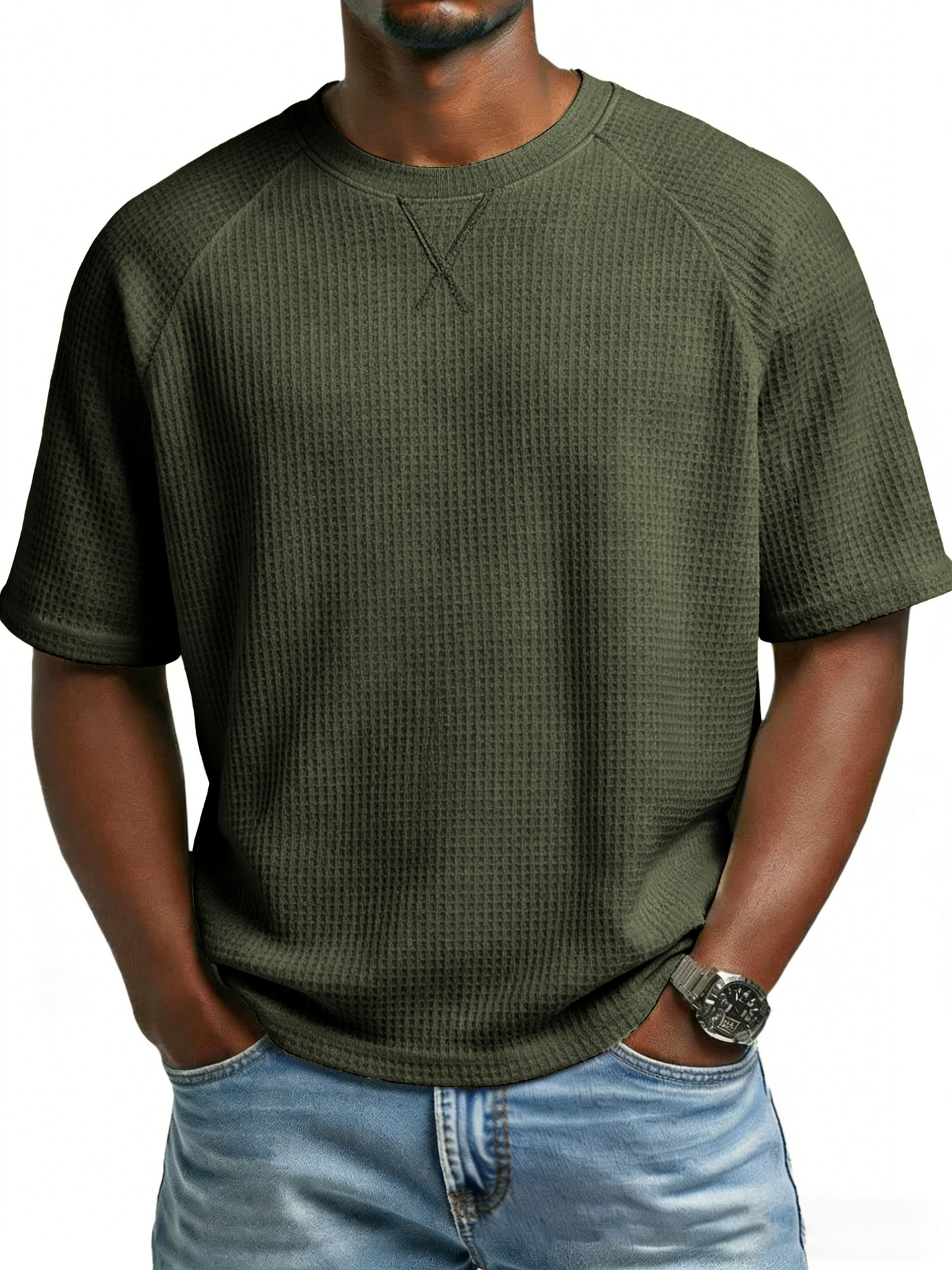 Europa y los Estados Unidos primavera y verano estación independiente transfronteriza hombre waffle de punto de manga de hombro cuello redondo TK manga corta camiseta de comercio exterior de hombre