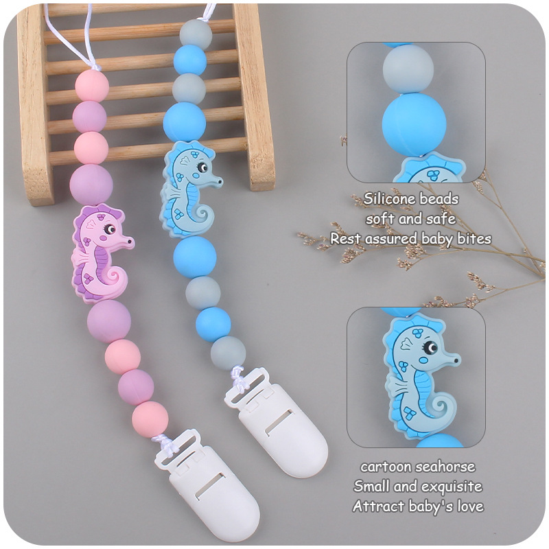Nuevo bebé suministros chupete cadena creativa de dibujos animados caballito de mar silicona bebé mordedura molar anti-gota cadena