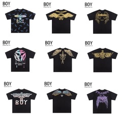 BOY潮牌鷹翼logo正確バージョン25春夏新作黒色ファッション丸襟男女同金tシャツ