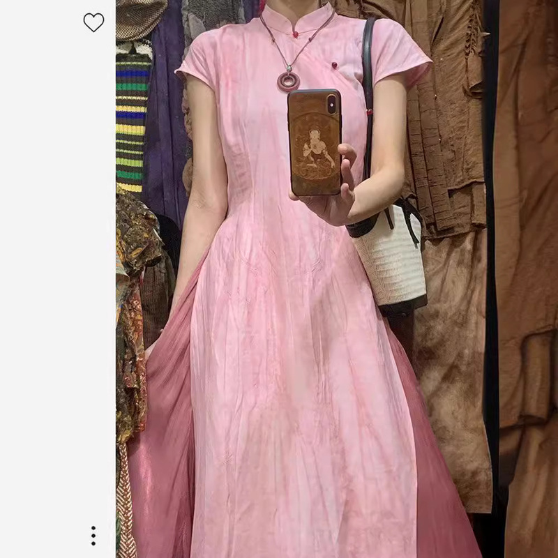 New Chinoiserie National Style Pink Chic Daily Cheongsam Long Skirt Small Classy Exquisite Short-Sleeved Dress Women Summer