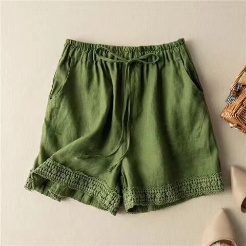 Clearance Sale Pure Linen Shorts for Women, Vintage Crochet High-Waisted Slimming Straight Wide-Leg Pants