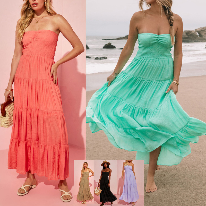 Vacation Style dress Sexy Tube Top Seaside Skirt Dopamine Color Matching Fairy Large Swing Dress SU3444
